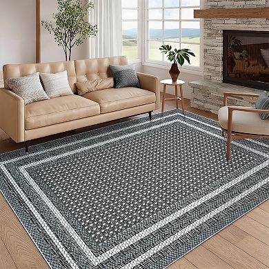 FairOnly Geometric Border Area Rug Non Slip Machine Washable Low Pile Rug for Dining Room Entryway