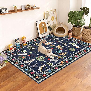 Garvee Cats & Flowers Area Rug Machine Washable Non Slip Pet-Friendly Soft Floor Rug for Homes