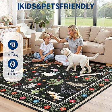 Garvee Cats & Flowers Area Rug Machine Washable Non Slip Pet-Friendly Soft Floor Rug for Homes