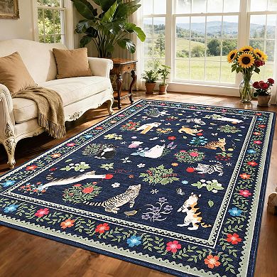 Garvee Cats & Flowers Area Rug Machine Washable Non Slip Pet-Friendly Soft Floor Rug for Homes