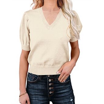 Women's Lightweight V Neck Short Sleeve Knit Pullover Layered Sweaters Top