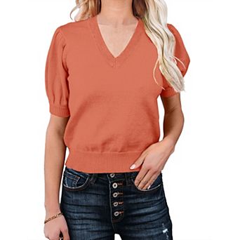 Women's Lightweight V Neck Short Sleeve Knit Pullover Layered Sweaters Top