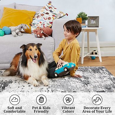 Garvee Modern Abstract Area Rug for Dining Room Non Slip Machine Washable Low Pile Rug for Bedroom