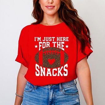 I'm Just Here For The Snacks Football Glitter - Women's Garment Dyed Graphic T-Shirt
