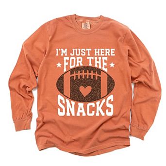 I'm Just Here For The Snacks Football Glitter - Women's Garment Dyed Long Sleeve Graphic T-Shirt