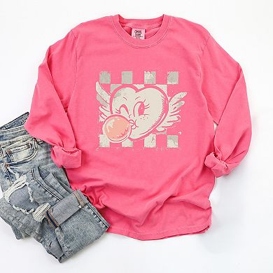 Heart Bubblegum Checkered - Women's Garment Dyed Long Sleeve Graphic T-Shirt
