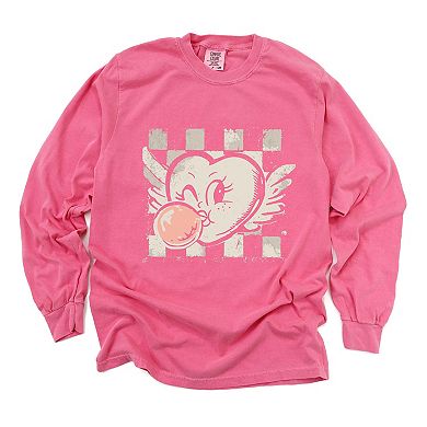 Heart Bubblegum Checkered - Women's Garment Dyed Long Sleeve Graphic T-Shirt