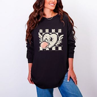 Heart Bubblegum Checkered - Women's Garment Dyed Long Sleeve Graphic T-Shirt