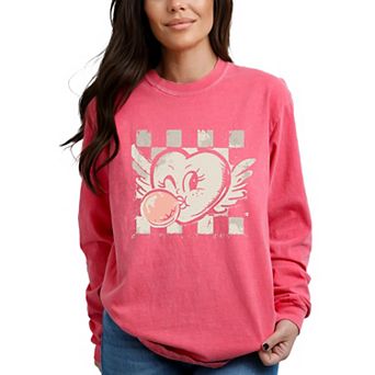 Heart Bubblegum Checkered - Women's Garment Dyed Long Sleeve Graphic T-Shirt