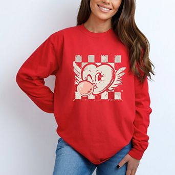 Heart Bubblegum Checkered - Women's Garment Dyed Long Sleeve Graphic T-Shirt