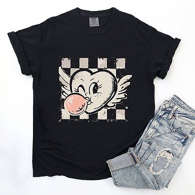 Heart Bubblegum Checkered - Women's Garment Dyed Graphic T-Shirt