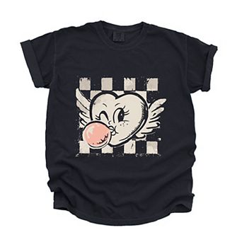 Heart Bubblegum Checkered - Women's Garment Dyed Graphic T-Shirt