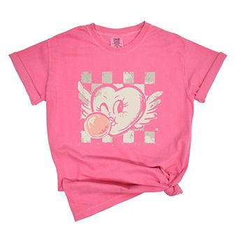 Heart Bubblegum Checkered - Women's Garment Dyed Graphic T-Shirt