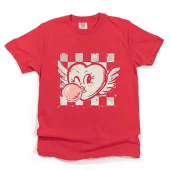 Heart Bubblegum Checkered - Women's Garment Dyed Graphic T-Shirt