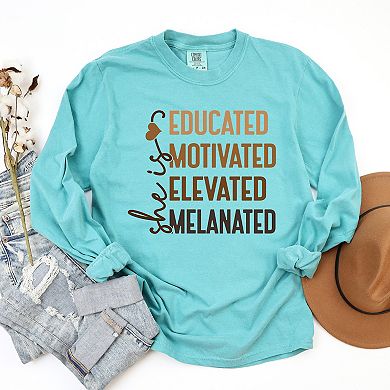 She Is Melanated - Women's Garment Dyed Long Sleeve Graphic T-Shirt