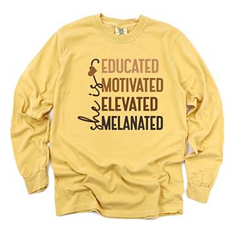 She Is Melanated - Women's Garment Dyed Long Sleeve Graphic T-Shirt
