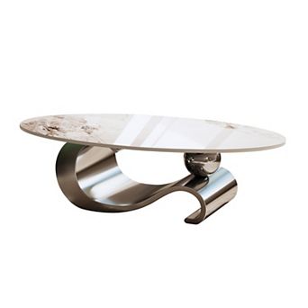 49.2" Faux Marble Oval Coffee Table, Contemporary Gray Stainless Steel Base, Modern Center Table