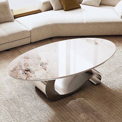 49.2" Faux Marble Oval Coffee Table, Contemporary Gray Stainless Steel Base, Modern Center Table