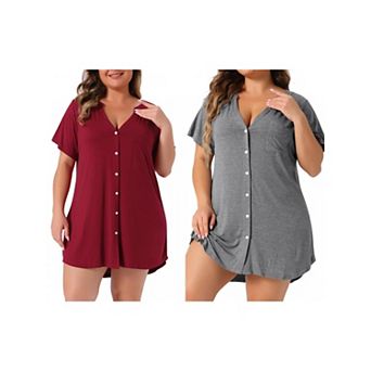2 Packs Plus Size Women's Short Sleeve Sleepshirt Soft Pajamas Dress V Neck Button Down Nightgown