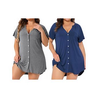 2 Packs Plus Size Women's Short Sleeve Sleepshirt Soft Pajamas Dress V Neck Button Down Nightgown