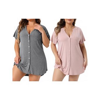 2 Packs Plus Size Women's Short Sleeve Sleepshirt Soft Pajamas Dress V Neck Button Down Nightgown