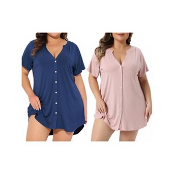 2 Packs Plus Size Women's Short Sleeve Sleepshirt Soft Pajamas Dress V Neck Button Down Nightgown