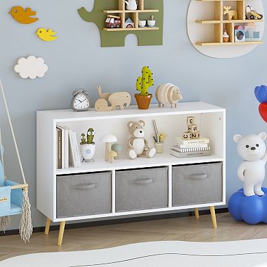 Kids Bookcase with Collapsible Fabric Drawers, Toy Storage Cabinet Organizer