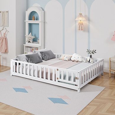 Full Size Floor Platform Bed with Fence and Door for Kids