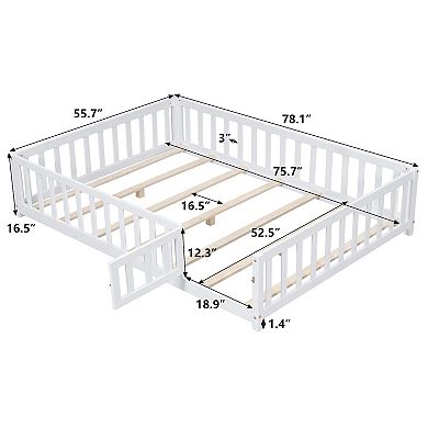 Full Size Floor Platform Bed with Fence and Door for Kids