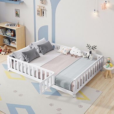 Full Size Floor Platform Bed with Fence and Door for Kids