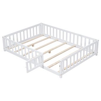 Full Size Floor Platform Bed with Fence and Door for Kids