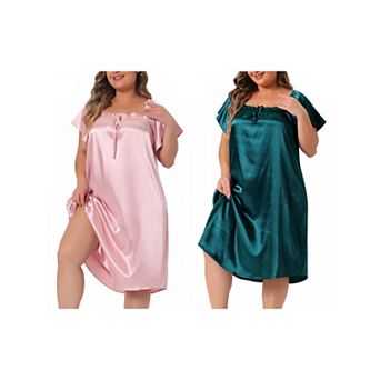 2 pc Plus Size Satin Silk Nightgown for Women Pleated Loose Sleepwear Nightshirt Sleep Dresses