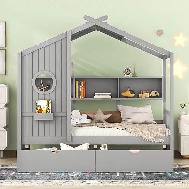 Wooden House Bed with 2 Drawers, Kids Bed with Storage Shelf