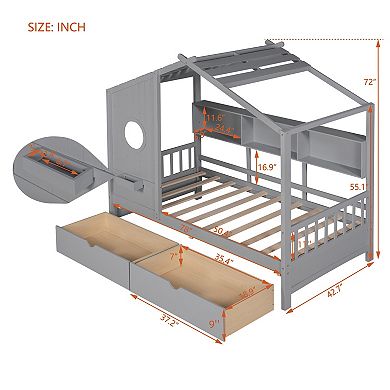 Wooden House Bed with 2 Drawers, Kids Bed with Storage Shelf