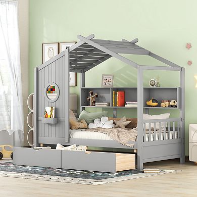 Wooden House Bed with 2 Drawers, Kids Bed with Storage Shelf