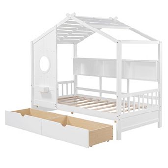 Wooden House Bed with 2 Drawers, Kids Bed with Storage Shelf