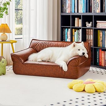 Leather Dog Bed Couch for Large Dogs Under 70 lbs, Brown Luxurious Elevated Pet Sofa Indoor