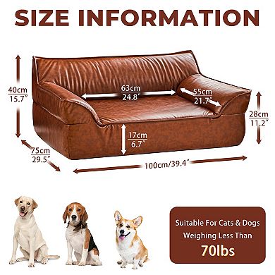 Leather Dog Bed Couch for Large Dogs Under 70 lbs, Brown Luxurious Elevated Pet Sofa Indoor