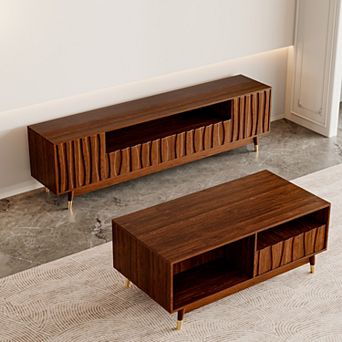 Walnut Finish Entertainment Center Set of 2, Modern Wood TV Stand & Coffee Table with Storage, Brown
