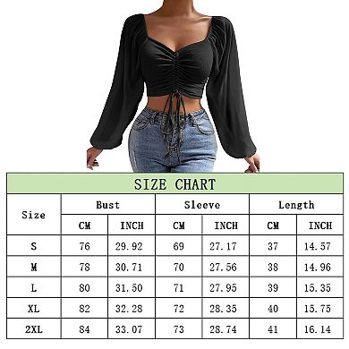 Low Cut V-neck Patchwork Chiffon Drawstring Lantern Sleeves Slim Fit and Slimming Top