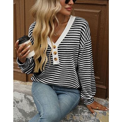Womens Casual Striped Color Block Blouses Long Sleeve Knitted Shirts Loose V Neck Button Up Pullover
