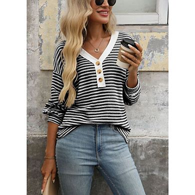 Womens Casual Striped Color Block Blouses Long Sleeve Knitted Shirts Loose V Neck Button Up Pullover
