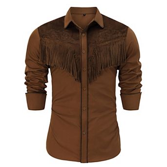 Men's Western Fringe Cowboy Shirt Long Sleeve Embroidered Slim Fit Casual Button Down Shirt