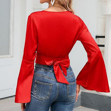 Women's Deep V-neck Long Sleeved Waist Tie up Charming Wrap and Exposed Navel Top