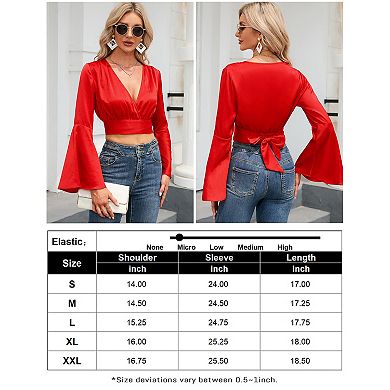 Women's Deep V-neck Long Sleeved Waist Tie up Charming Wrap and Exposed Navel Top