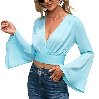 Women's Deep V-neck Long Sleeved Waist Tie up Charming Wrap and Exposed Navel Top