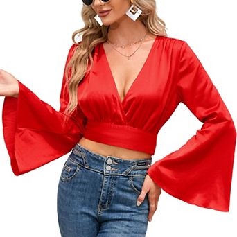 Women's Deep V-neck Long Sleeved Waist Tie up Charming Wrap and Exposed Navel Top