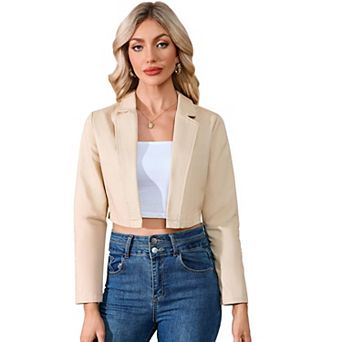 Women’s Cropped Blazer Business Casual Open Front Long Sleeve One Button Jacket