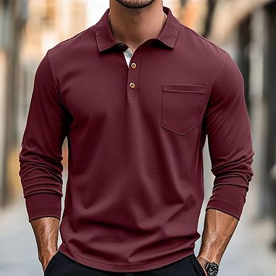 Men's Long Sleeved Button Cotton Polo Shirt with a Vintage Collar and Pocket
