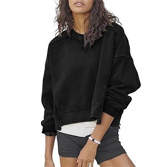 Women's Casual Cropped Sweatshirts Crewneck Loose Fit Workout Pullover